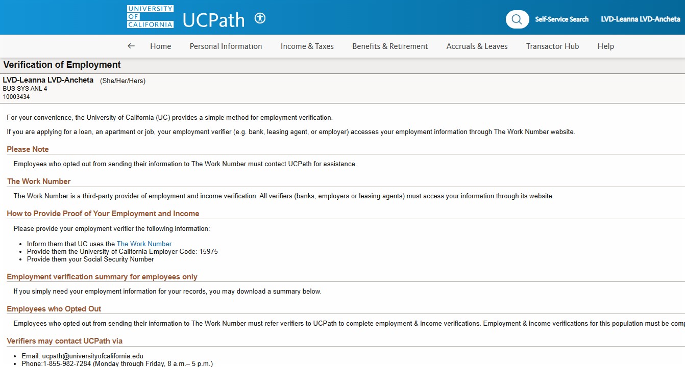 UCPATH Verification of Employment