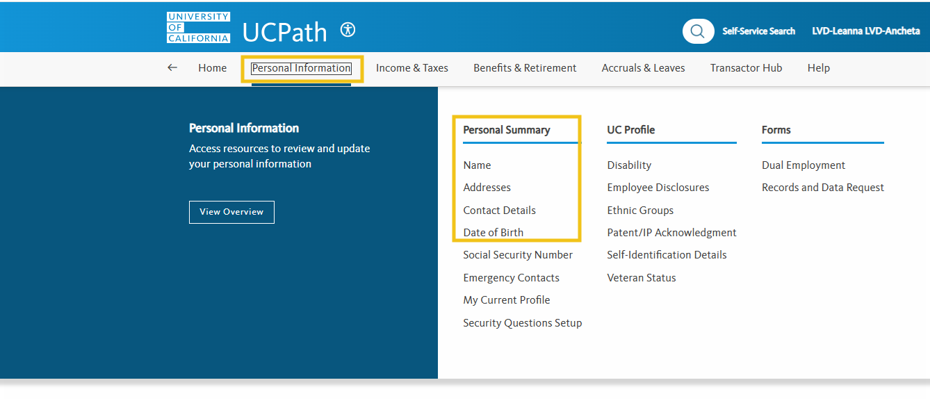 UCPATH Personal Information Changes